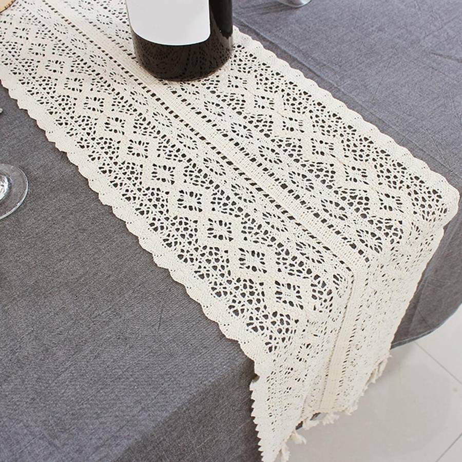 Tassel Lace Floral Romance Retro Crochet Hollow Cotton Blend Table Runner Covers, Size:24x200cm(Y...