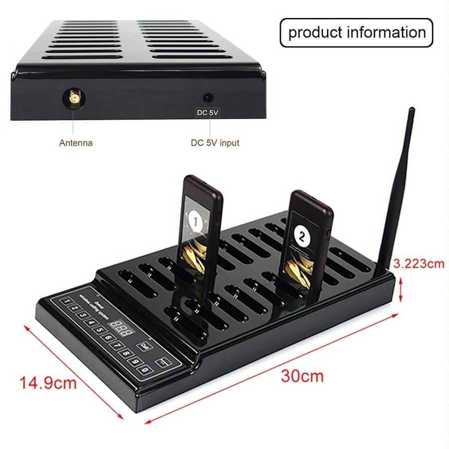 QC100 999 Channel Restaurant Wireless Paging Queuing Calling System with 20 Call Coaster Pagers, ...