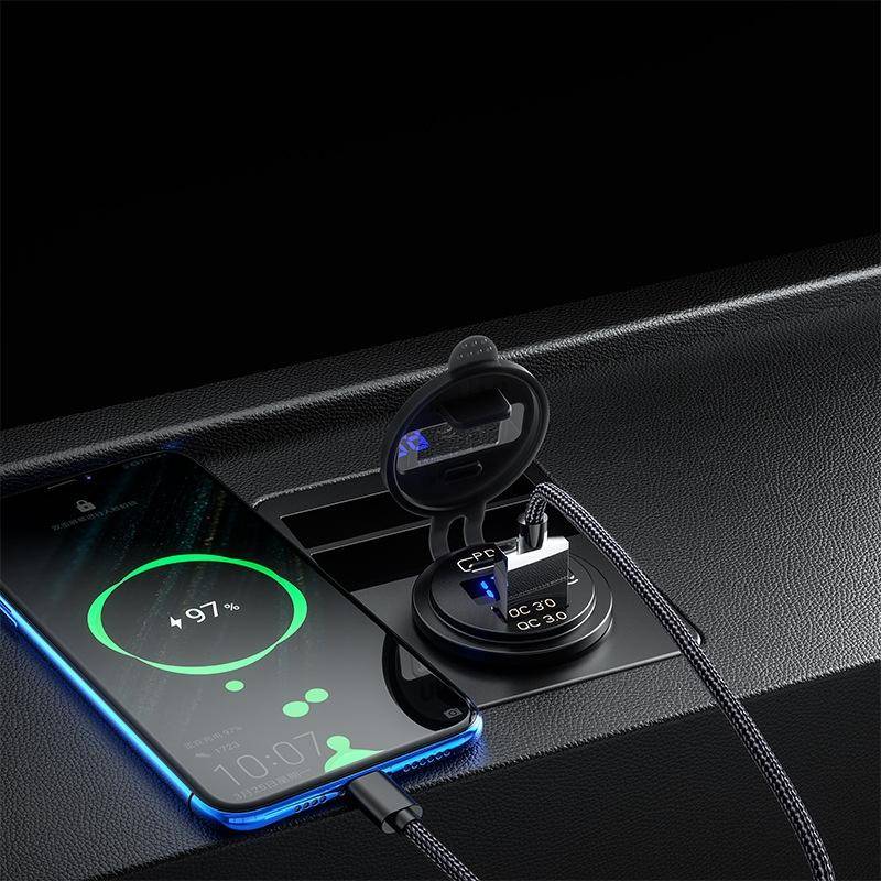 12V Modified Car USB Charger With Voltage Display PD QC3.0 Socket(With 60cm Line Green Light)
