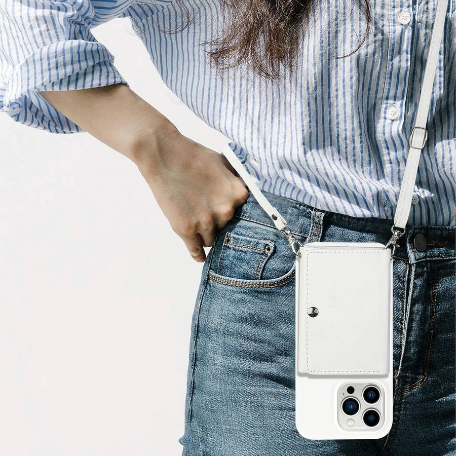 For iPhone 14 Pro Crossbody Lanyard Wallet Card Bag Phone Case(White)