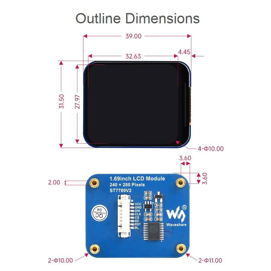 Waveshare 1.69 Inch 240280 Resolution IPS LCD Display Module With SPI Interface