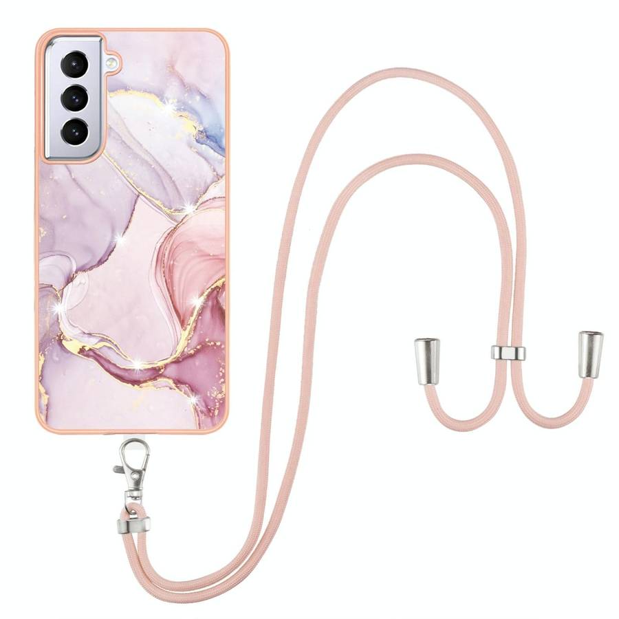 For Samsung Galaxy S21 5G Electroplating Marble Pattern IMD TPU Shockproof Case with Neck Lanyard...