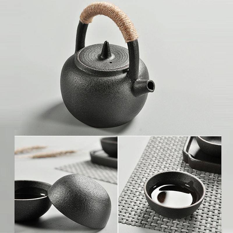 Portable Travel Ceramics Loop Handle Pot Teapot Teacup Set with Tea Tray(Black)