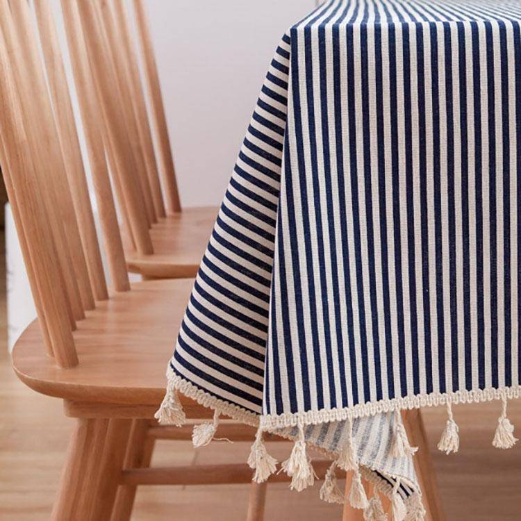 Tassel Lace Daisy Print Cotton Linen Tablecloth, Size:140x200cm(Navy Blue Stripes)