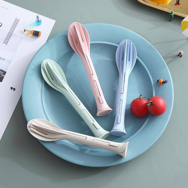 2 PCS 3 in 1 Wheat Straw Portable Knife, Fork, Spoon Cutlery Set(Green)