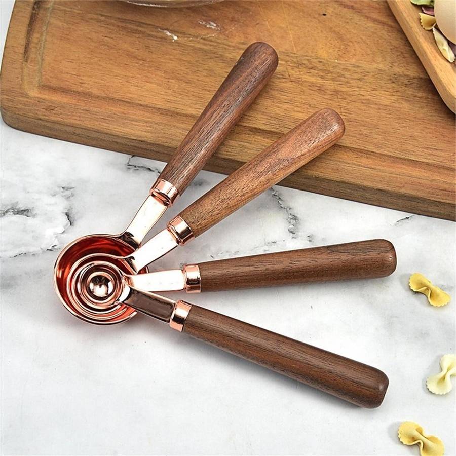 4 PCS / Set Measuring Spoon Walnut Handle Copper-Plated Kitchen Baking Tools Bartender Scale Meas...