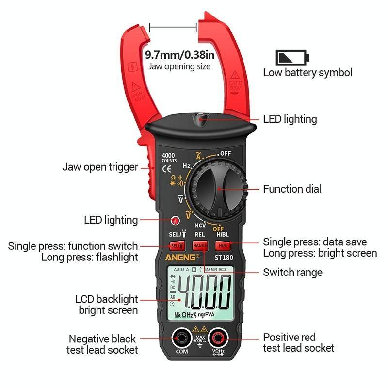 ANENG ST180 Digital Display Clamp AC & DC Intelligent Voltage Multimeter(Red)