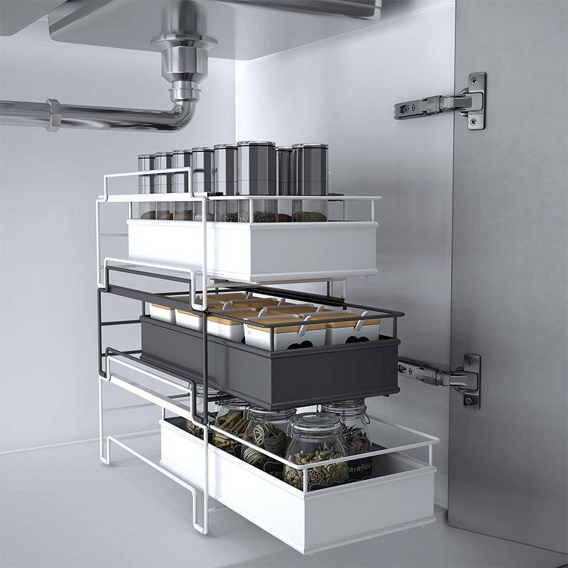 Kitchen Countertop Under Sink Spice Racks Can Be Stacked With Multi-Layer Pull-Out Storage Wrough...