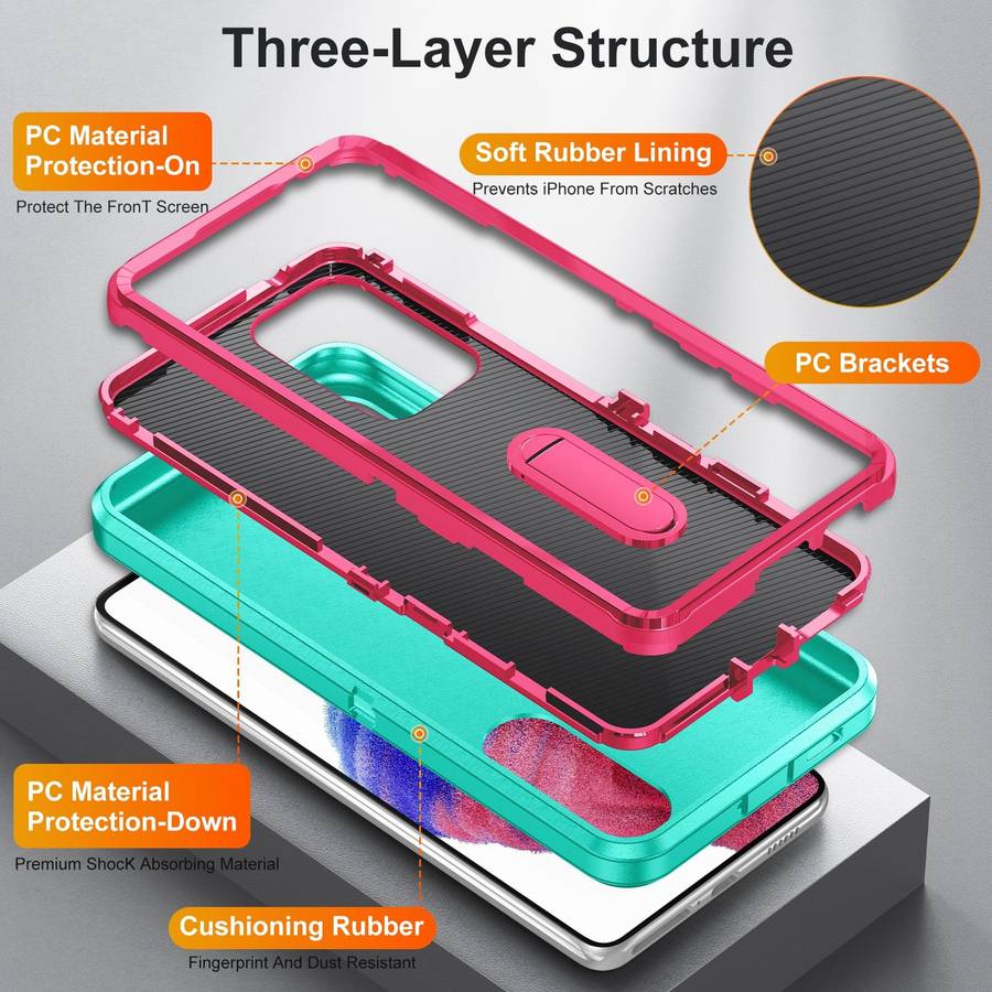 For Samsung Galaxy A53 3 in 1 Rugged Holder Phone Case(Blue + Pink)