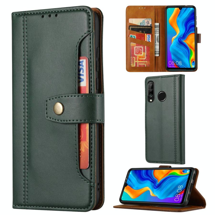 For Huawei P30 Lite Calf Texture Double Fold Clasp Horizontal Flip Leather Case with Photo Frame ...