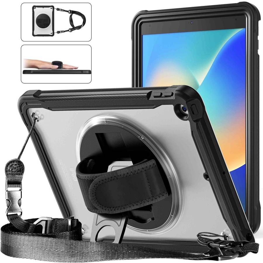 For iPad 10.2 2021 / 2020 / 2019 Heavy Duty Hybrid Tablet Case with Handle & Strap(Black)