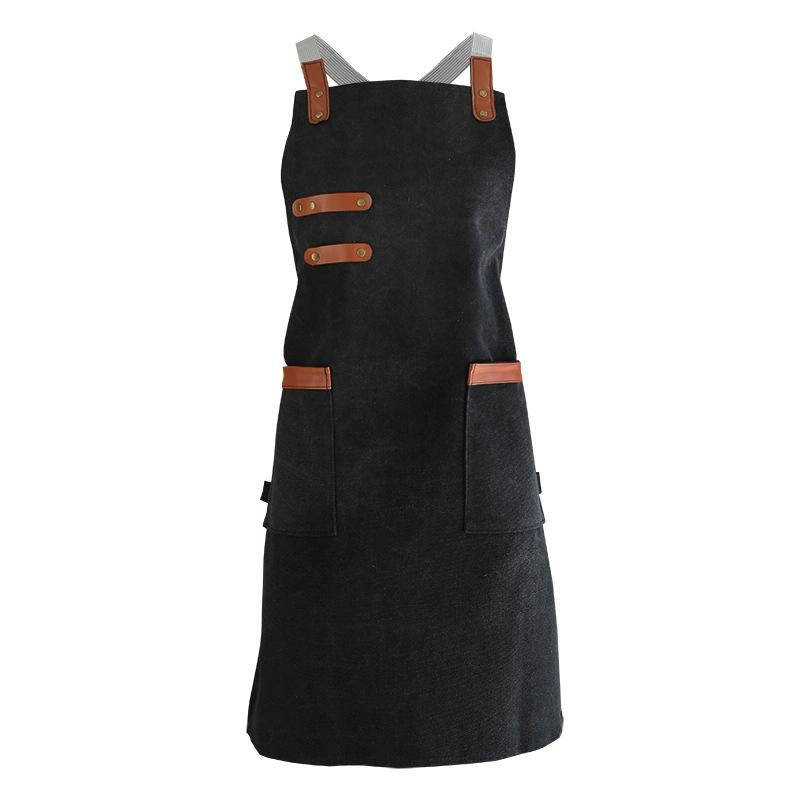 Washed Canvas Apron Chef Cafe Shop BBQ Hairdresser Aprons(Black)