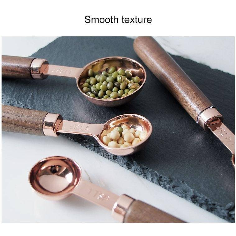 4 PCS / Set Measuring Spoon Walnut Handle Copper-Plated Kitchen Baking Tools Bartender Scale Meas...