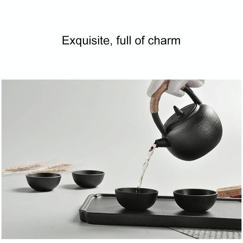 Portable Travel Ceramics Loop Handle Pot Teapot Teacup Set with Tea Tray(Black)