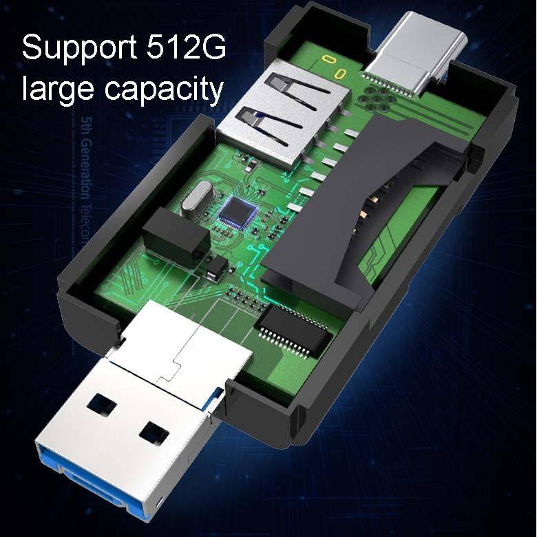 2 PCS Type-C & Micro USB & USB 2.0 3 in 1 Ports Multi-function Card Reader, Support U Disk / TF /...