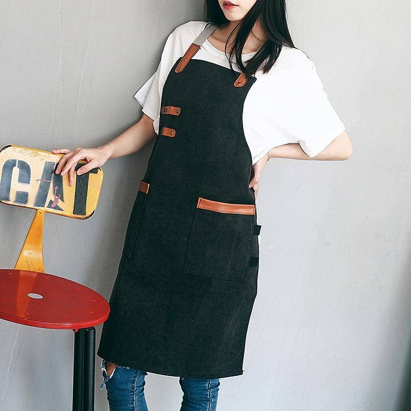 Washed Canvas Apron Chef Cafe Shop BBQ Hairdresser Aprons(Black)