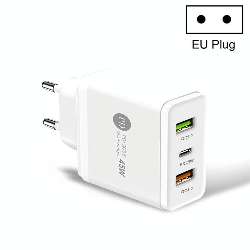 45W PD3.0 + 2 x QC3.0 USB Multi Port Quick Charger, EU Plug(White)