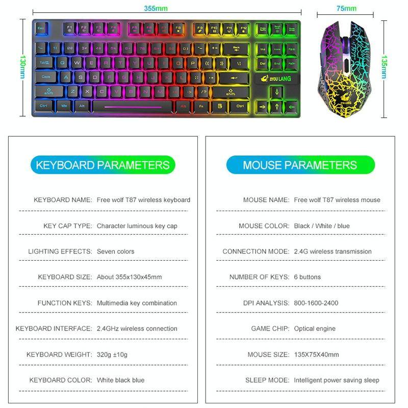 ZIYOU LANG T87 Gaming Luminous Wireless Keyboard and Mouse Set(Black)