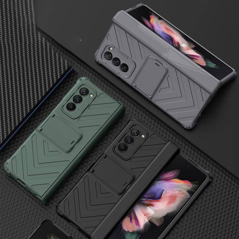 For Samsung Galaxy Z Fold2 5G GKK Integrated Magnetic Armor Flip Phone Case with Holder(Dark Green)