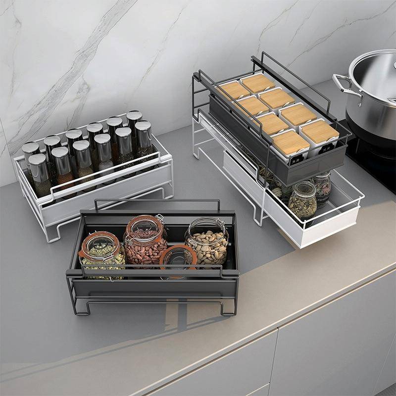 Kitchen Countertop Under Sink Spice Racks Can Be Stacked With Multi-Layer Pull-Out Storage Wrough...
