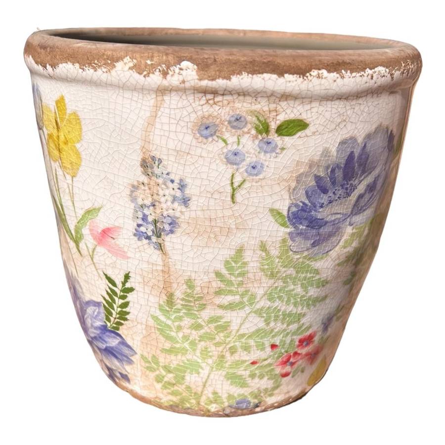 Ceramic Pot - Large Purple Flowers and Leaves