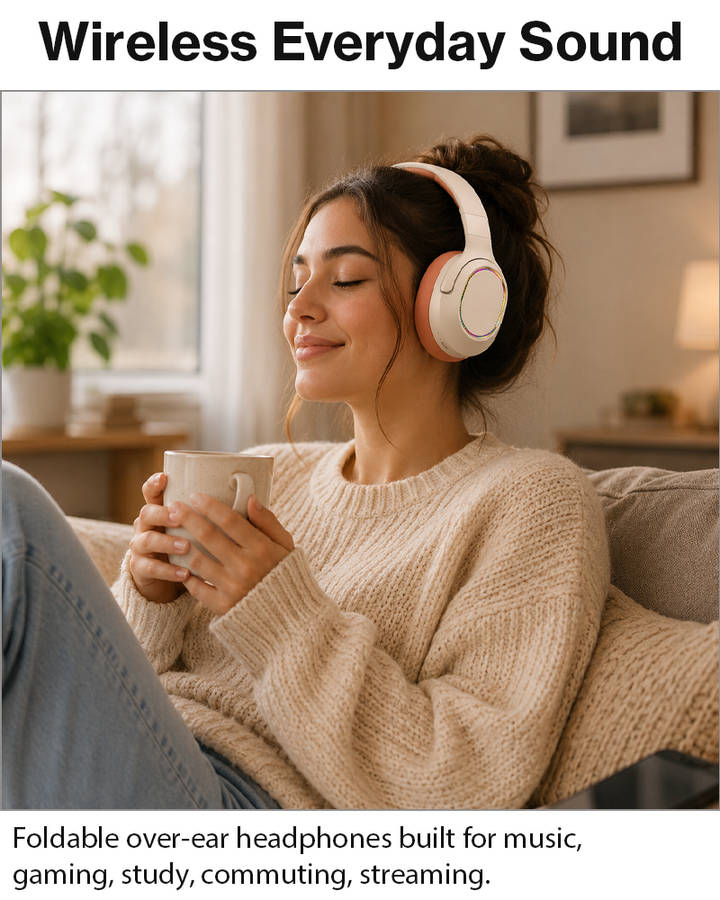 Wireless Foldable Noise Reduction Headphones with 40mm Speakers, Type-C Charging, 10m PinkOrange