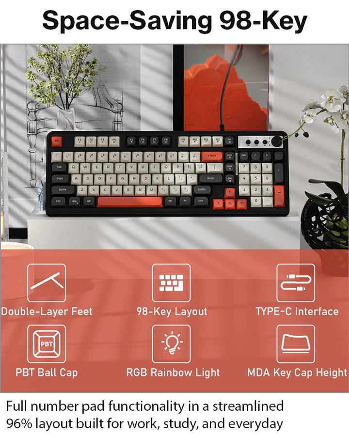 98-Key Wired Membrane Keyboard with Number Pad, RGB Backlit, 2-in-1 Control Knob, Media Buttons, ...