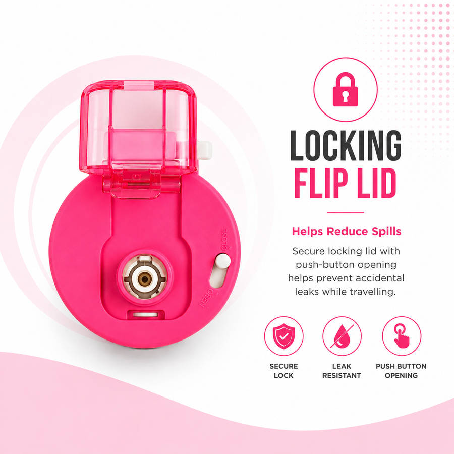 600ml Vacuum Sports Water Bottle with Locking Flip Lid Neon Pink