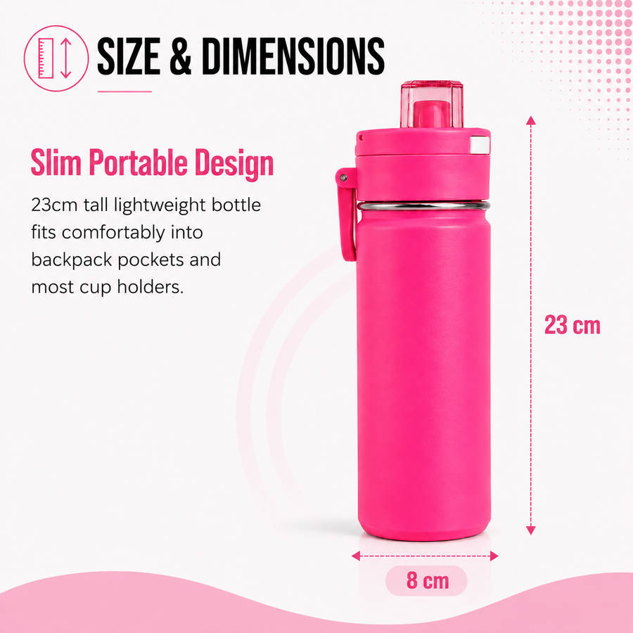 600ml Vacuum Sports Water Bottle with Locking Flip Lid Neon Pink