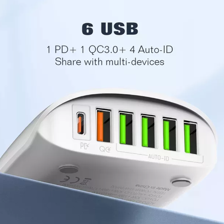 LDNIO-A6573C - 65W 1 Type-C & 5 USB Port Super Fast Charging Adapter-White