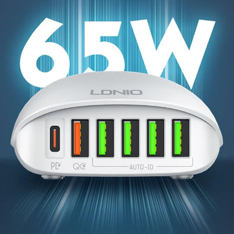 LDNIO-A6573C - 65W 1 Type-C & 5 USB Port Super Fast Charging Adapter-White