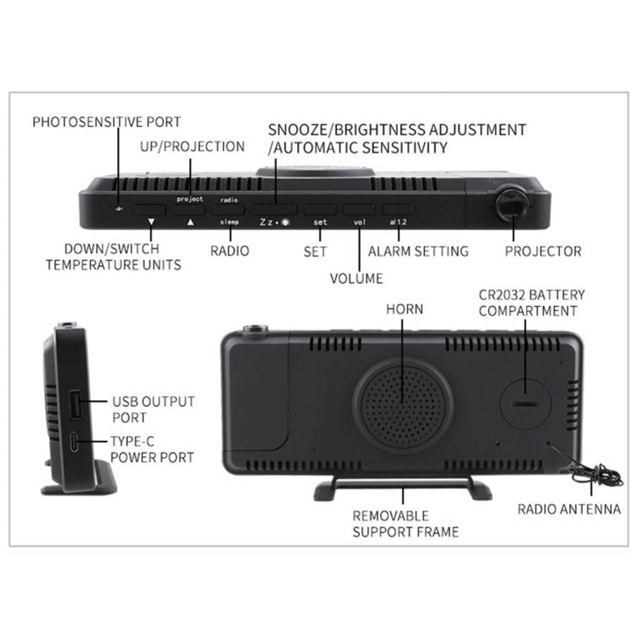 TS-9210 Digital Mirror Projection Alarm Clock With FM Radio & Temperature Humidity, TS-9210 With ...