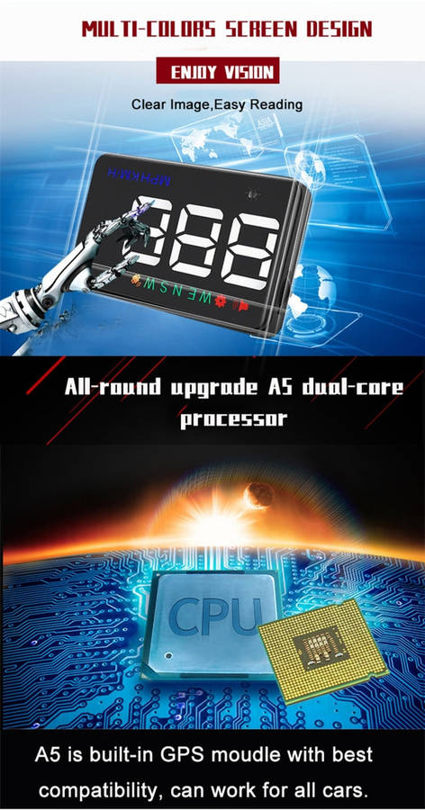 Geyiren A5 HUD 3.5 inch Car Head Up Display with GPS System, Two Mode Display, Light Sensors, KM/...