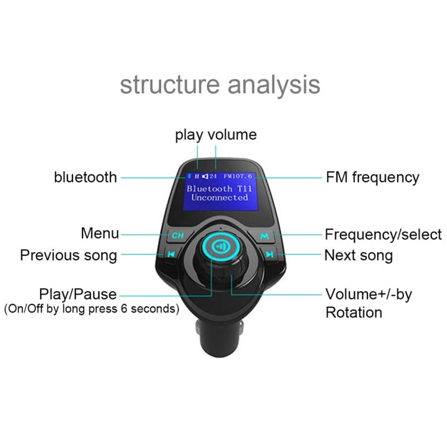 T11 Bluetooth FM Transmitter Car MP3 Player with LED Display, Support Double USB Charge & Handsfr...