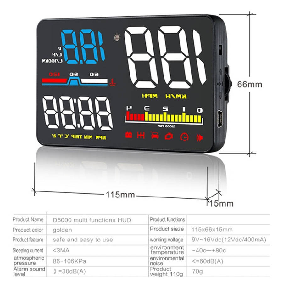 D5000 OBD2 5 inch Vehicle-mounted Head Up Display Security System, Support Car Speed / Engine Rev...
