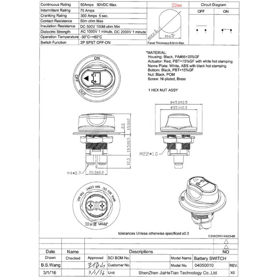 Jtron On/Off Car Battery Switch Car Battery Master Switch MAX DC 50V 50A CONT 75A INT Use for Car...