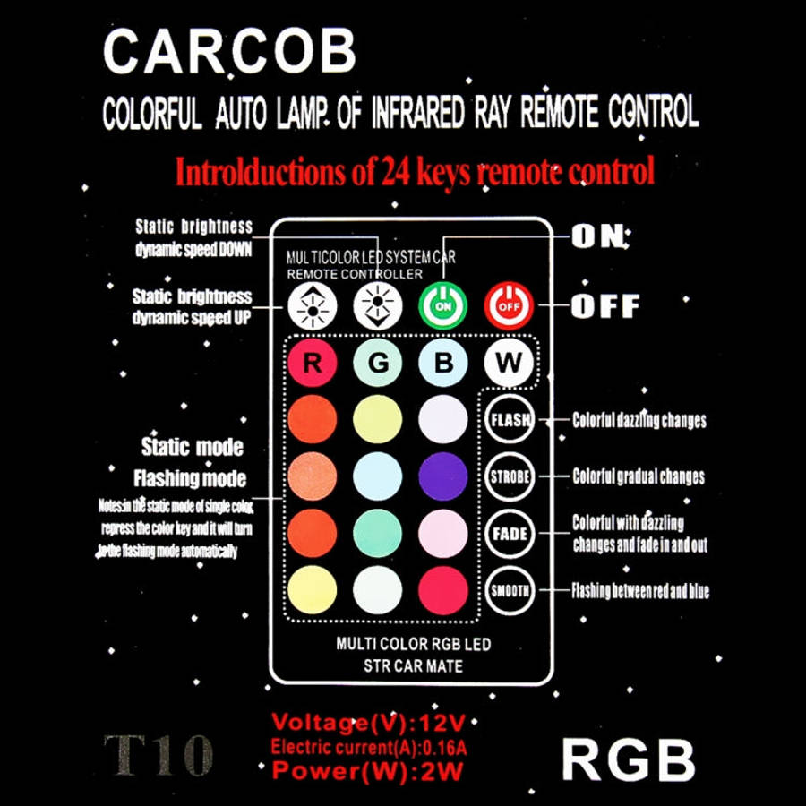 2 PCS W5W 194 T10 Multi Colors COB 12 SMD RGB LED Bulbs with Remote Control Wedge Side Lights Lic...