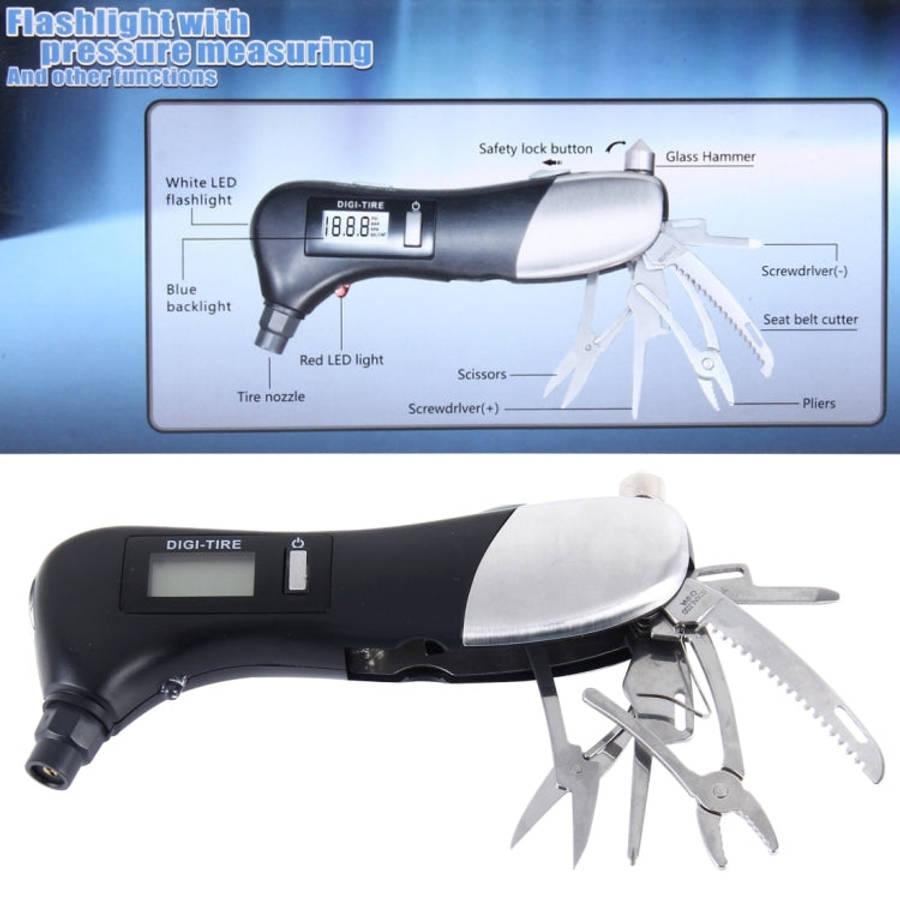 9 in 1 Digital Tire Pressure Gauge Multi-function Safety Hammer with Swiss Style Army Knife, Flas...