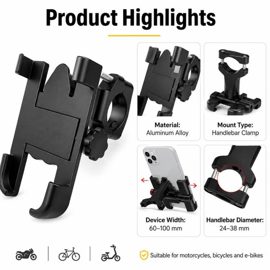 Motorcycle Handlebar Aluminum Alloy Phone Bracket, Suitable for 60-100mm Device, Handlebar Bracke...