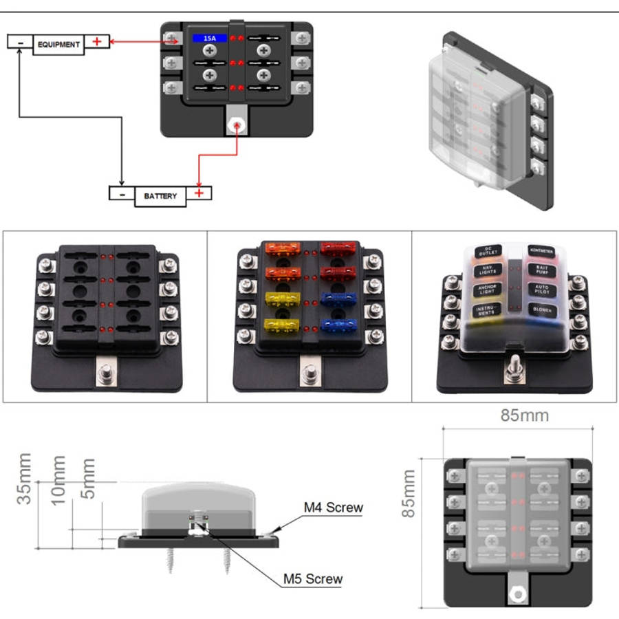 1 in 8 Out Fuse Box Screw Terminal Section Fuse Holder Kits with LED Warning Indicator for Auto C...