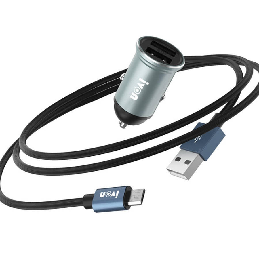 IVON CC37 15W 3.1A Dual USB Mini Car Charger + 1m USB to Micro USB Fast Charge Data Cable Set, Mi...