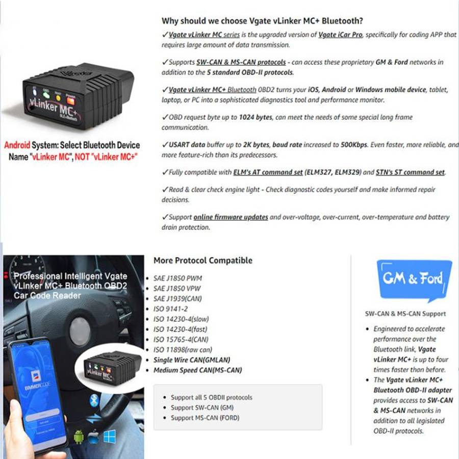 Vgate VLINKER MC+ V2.2 Bluetooth 4.0 Car OBD Fault Diagnosis Detector, MC+ V2.2 Bluetooth 4.0