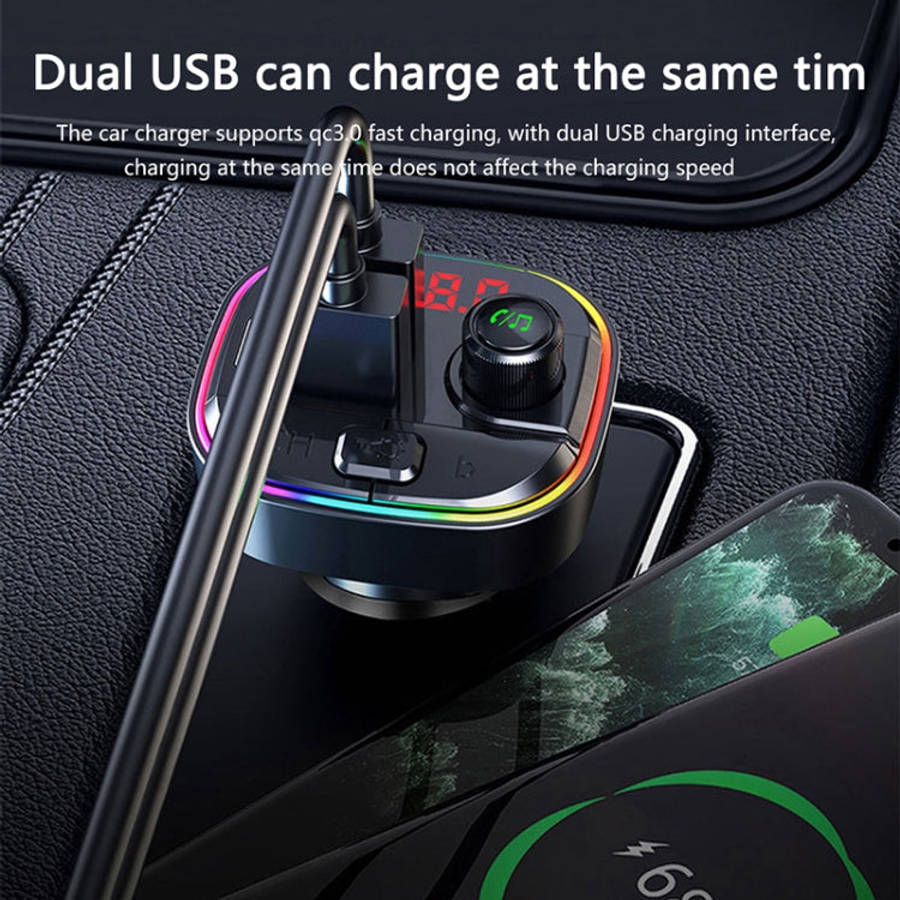 C13 Multifunctional Car Dual USB PD Fast Charger Bluetooth FM Transmitter with Atmosphere Light, C13