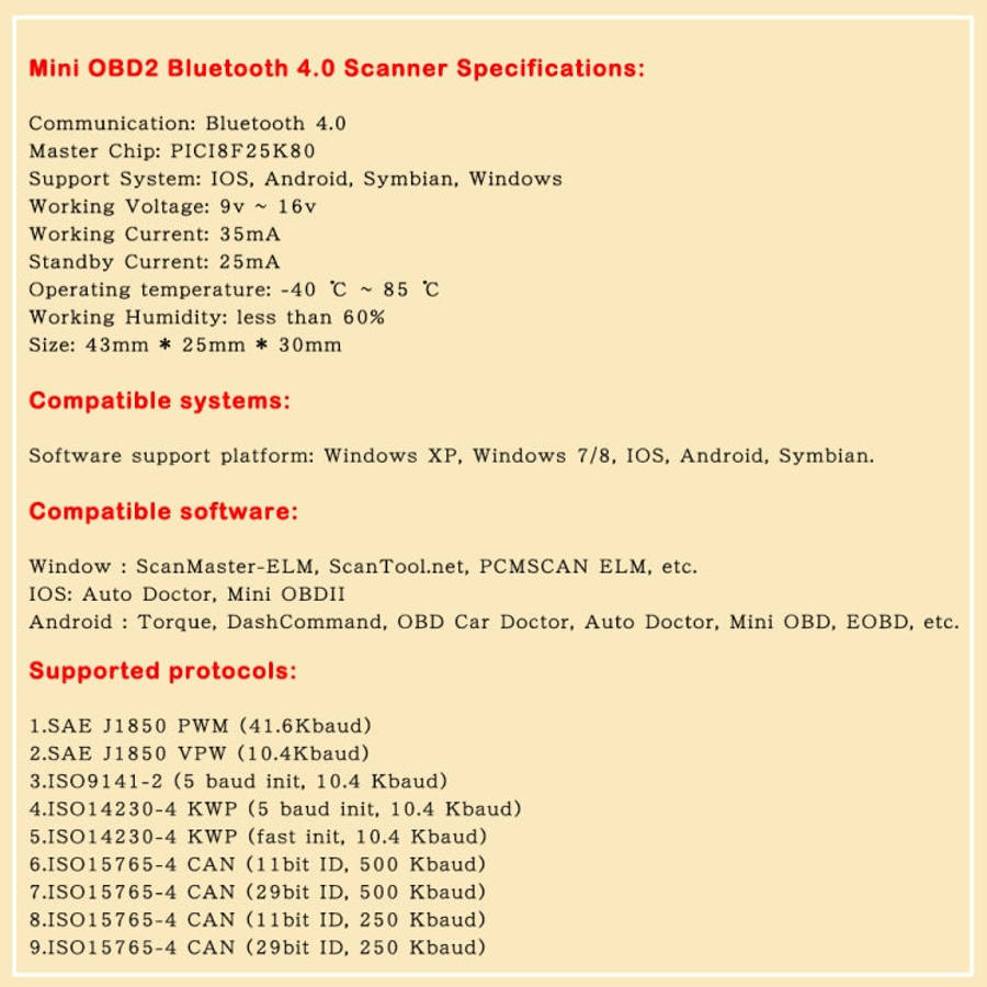 Mini Bluetooth 4.0 ELM327 OBD Car Fault Diagnostic Scanner with Power Switch, Bluetooth 4.0 with ...
