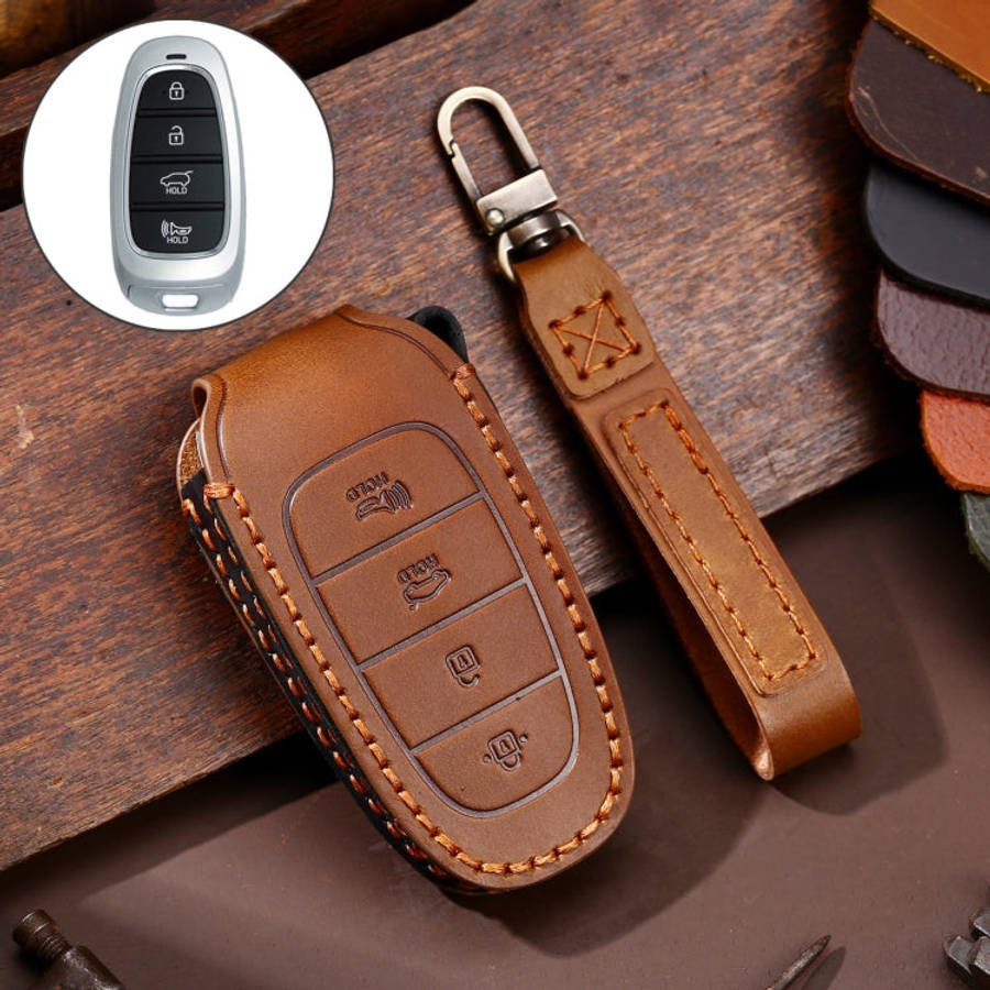 Hallmo Car Cowhide Leather Key Protective Cover Key Case for Hyundai 4-button, For Hyundai 4-button