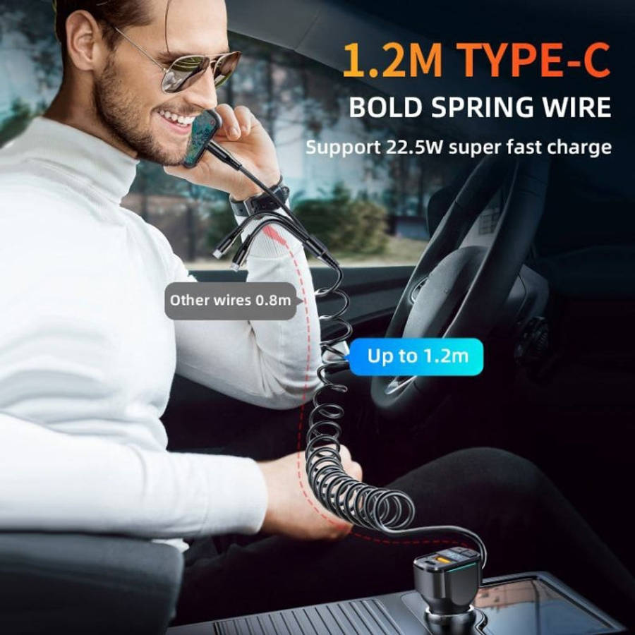 K4 Car 3 in 1 PD + USB Dual Port Fast Charger with Spring Data Cable, K4