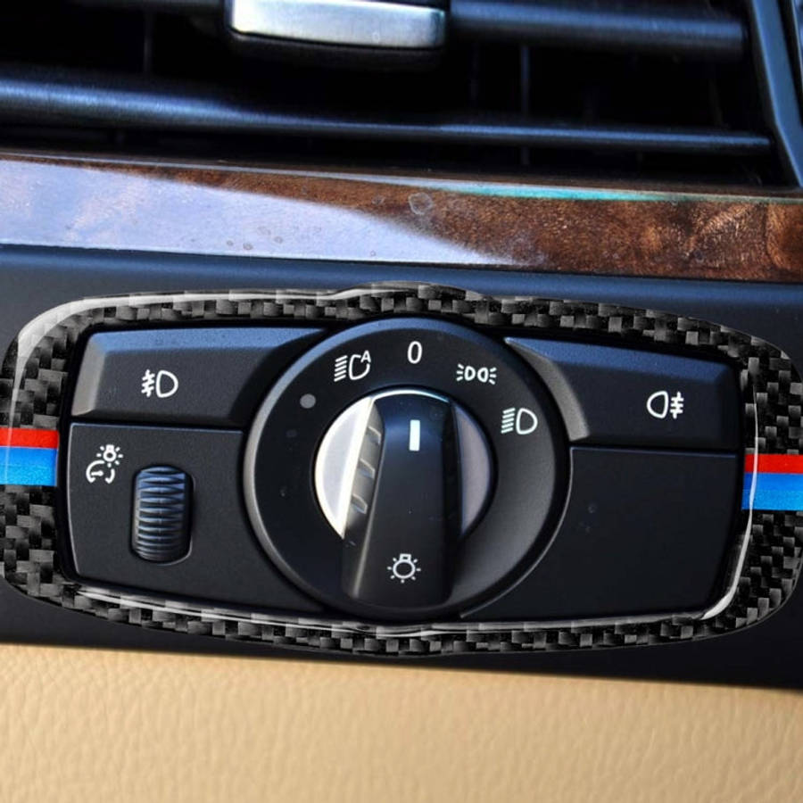 Car Carbon Fiber Tricolor Headlight Switch Frame Decorative Sticker for BMW 2008-2013 X5 E70 / X6...