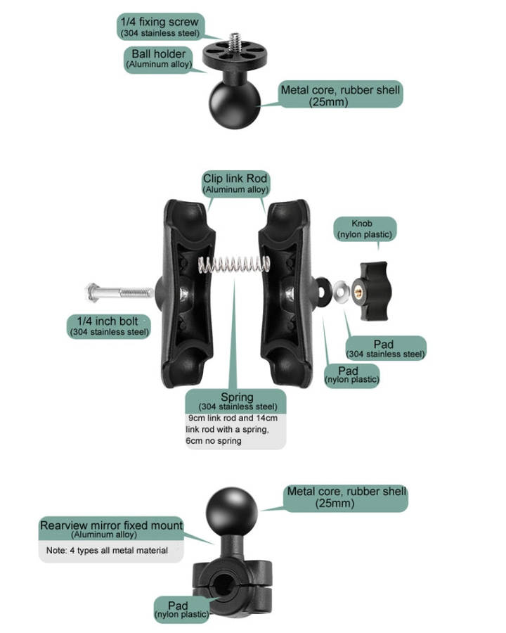 25mm Ball Head Motorcycle Rearview Mirror Fixed Mount Holder with 4 Styles Gaskets for GoPro, Ins...