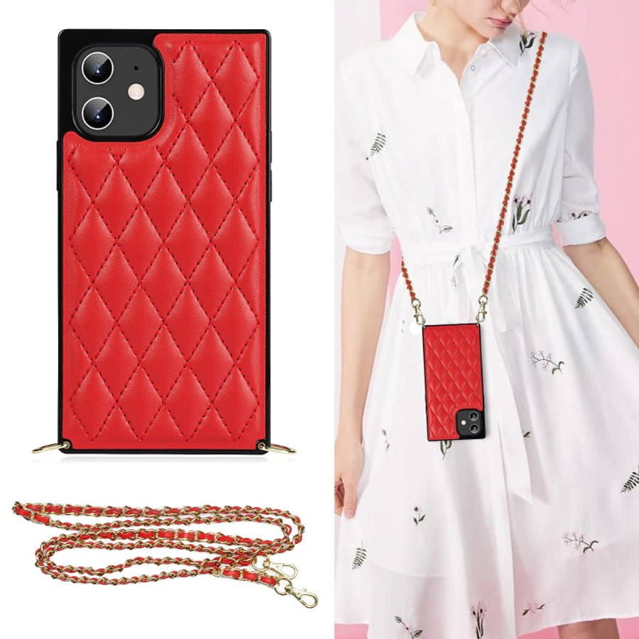 Elegant Rhombic Pattern Microfiber Leather +TPU Shockproof Case with Crossbody Strap Chain, For i...