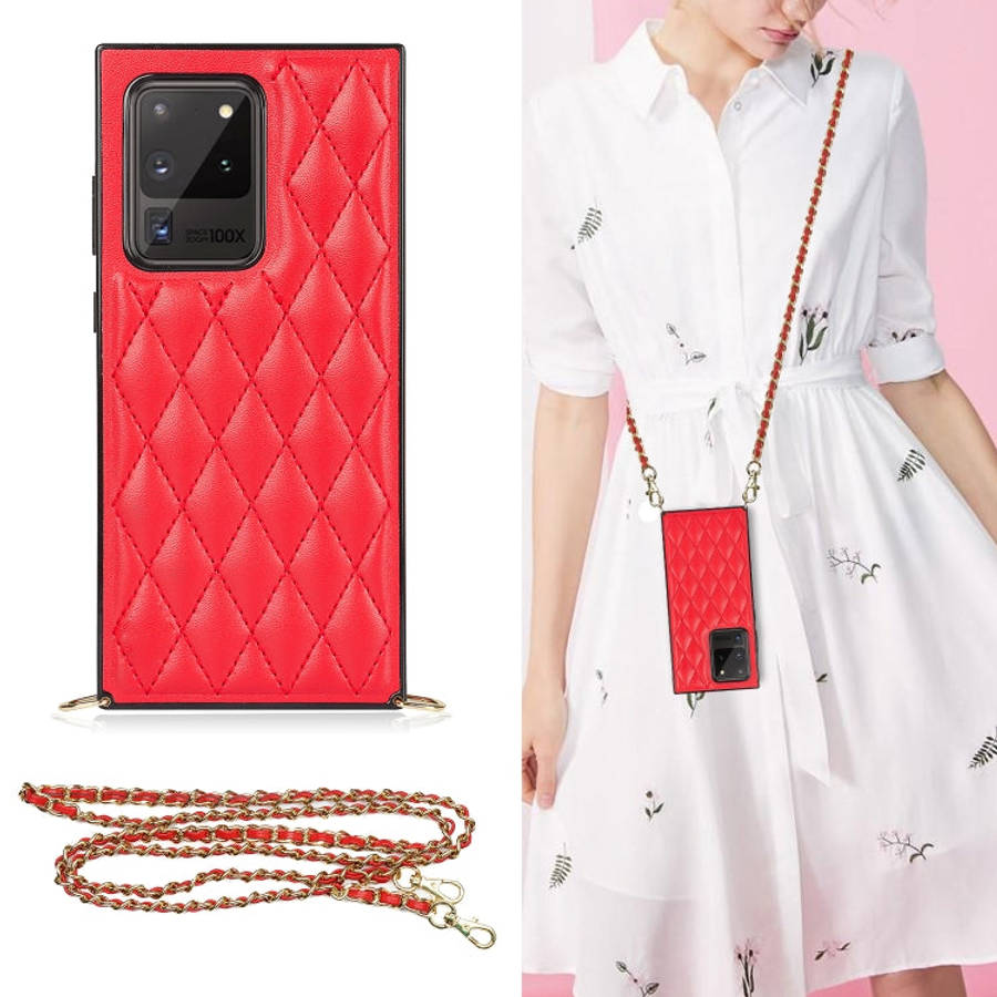 Elegant Rhombic Pattern Microfiber Leather +TPU Shockproof Case with Crossbody Strap Chain, For S...